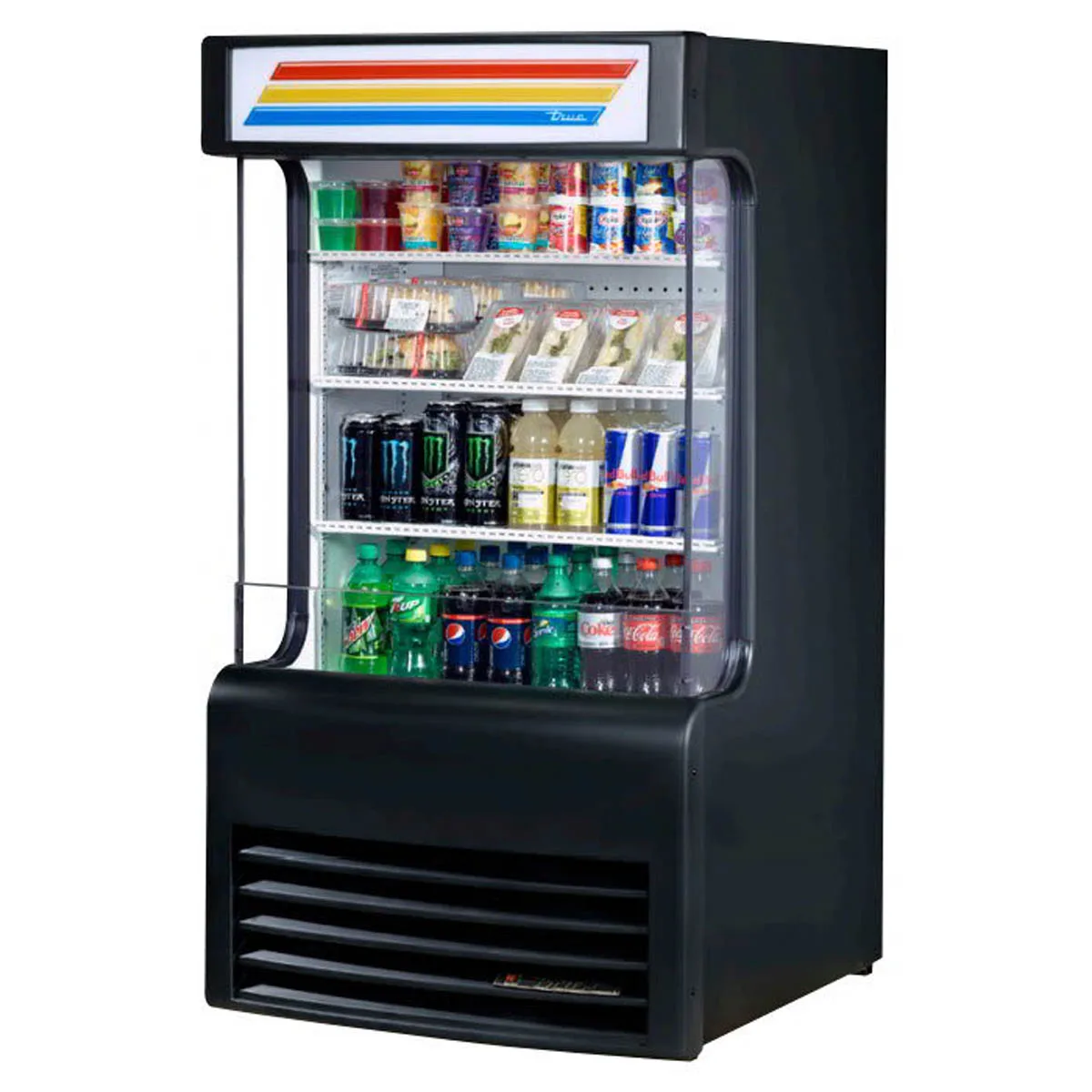 True TAC-14GS-LD 30" Vertical Air Curtain Merchandiser in Black, Self Contained, 3 Shelves, Plexiglass Side Panels