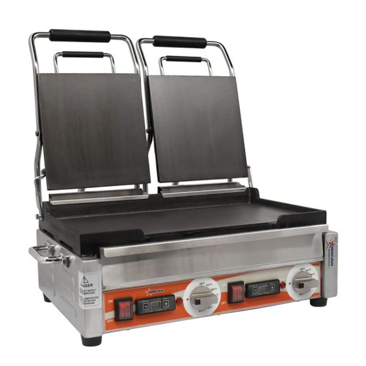 Omcan USA 42913 Double Sandwich Panini Grill w/ Timer, 18" x 10" Smooth Plates, 220V