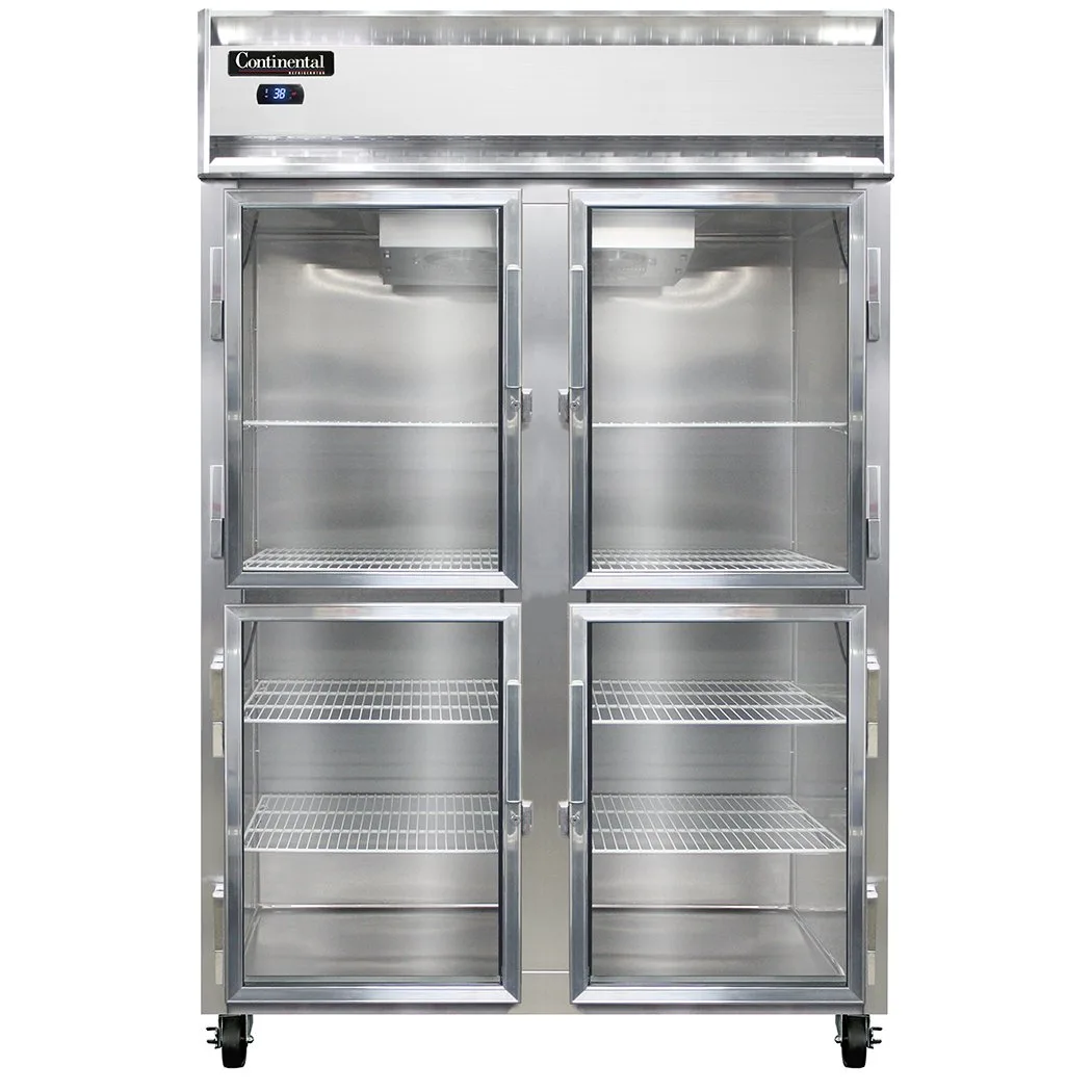 Continental Refrigerator 2RSNGDHD 52" 2-Section Reach-In Refrigerator w/ 4 Glass Half Doors, Stainless Steel Front Aluminum Exterior, 32 cu.ft.