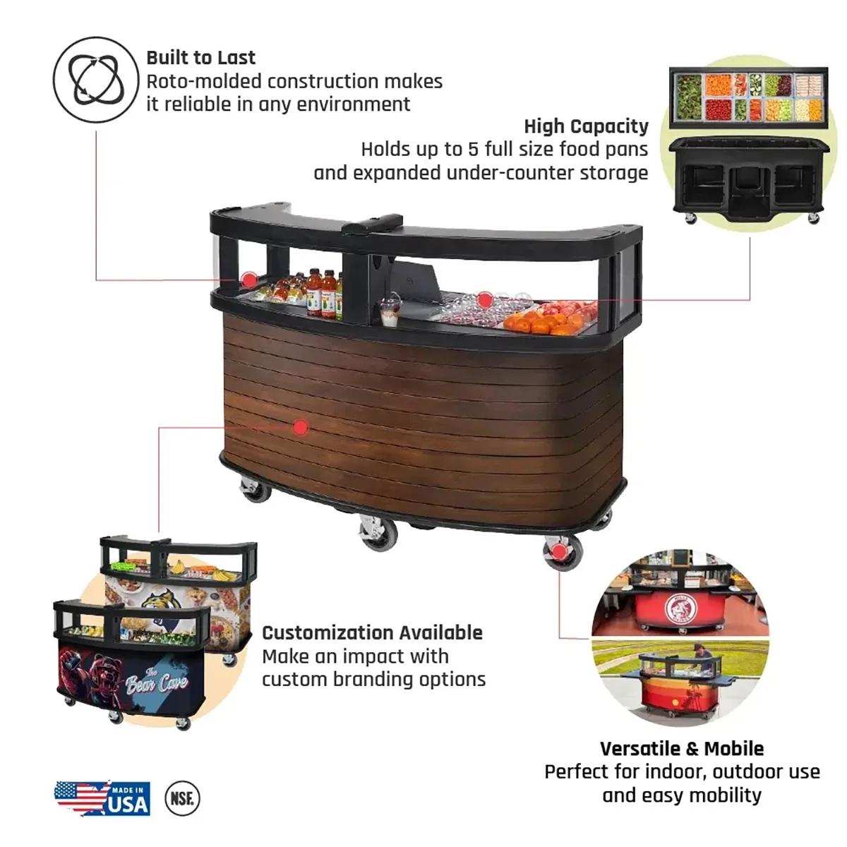 Cambro CVC75W16 Vending Cart, 75"W, Polyethylene, Dark Oak Wrap, NSF