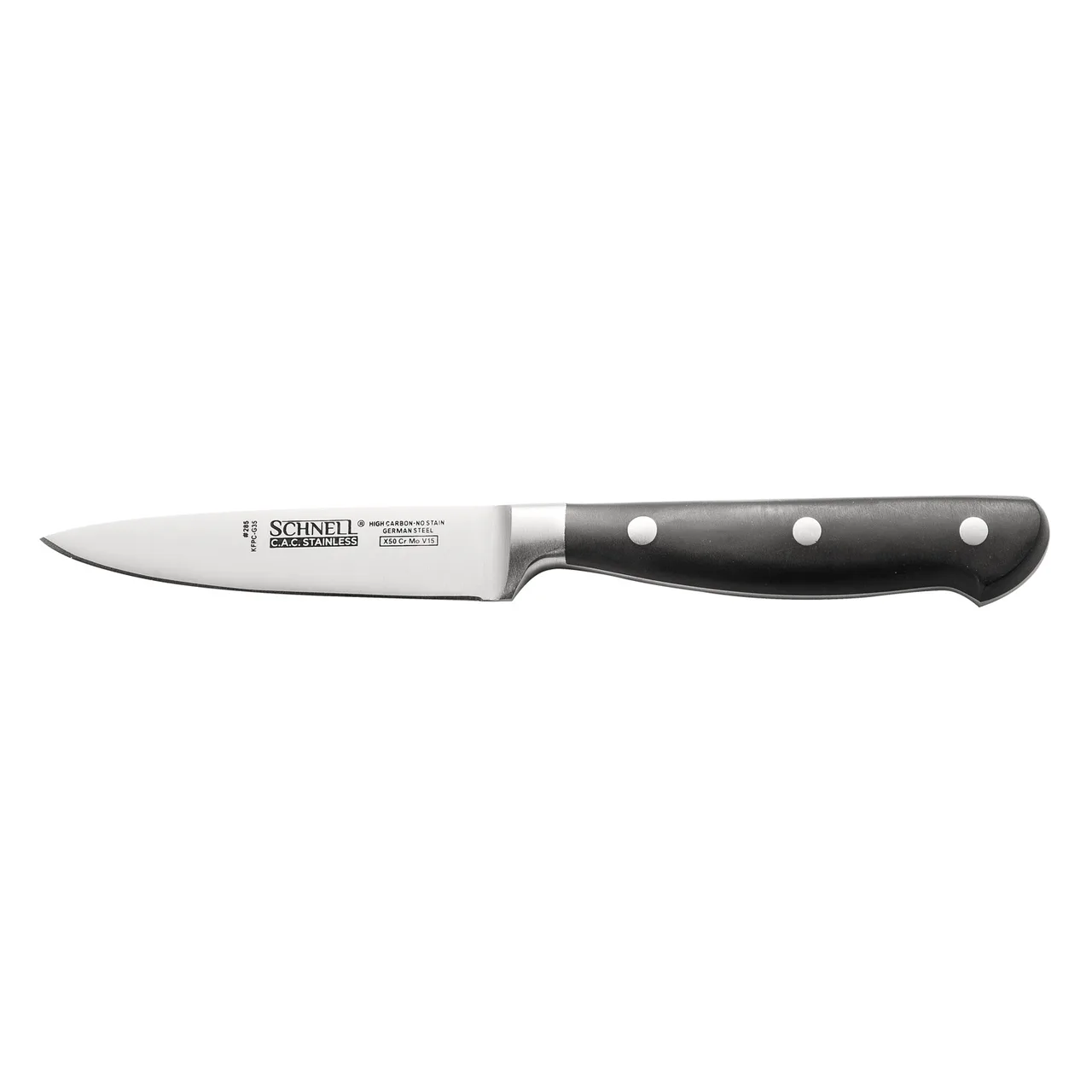 CAC China KFPC-G35 Schnell Paring Knife, 3-1/2" Blade, German High-Carbon Steel, Black Handle