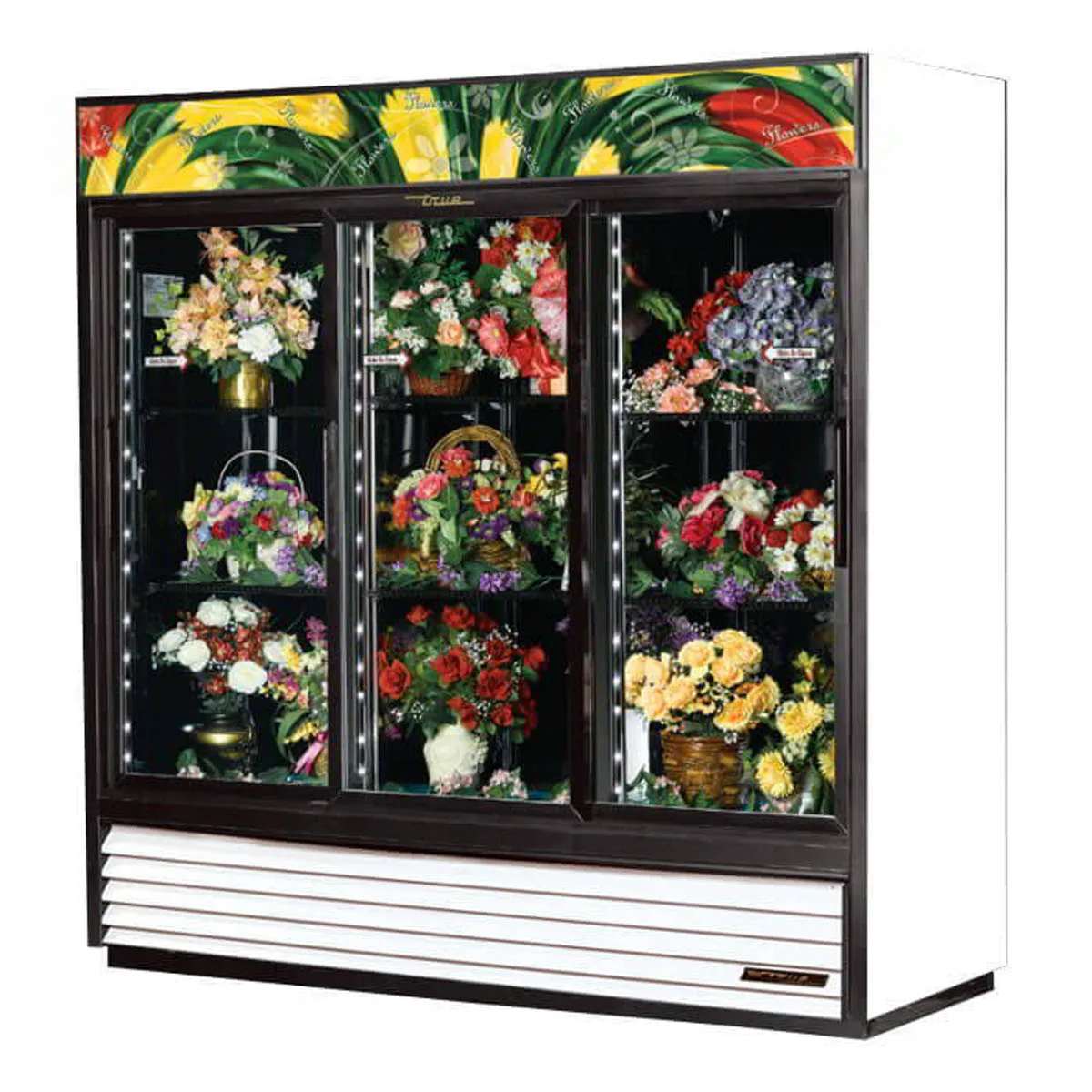 True GDM-69FC-HC-LD 78" 3 Sliding Glass Door Floral Merhandiser, w/ 6 Shelves