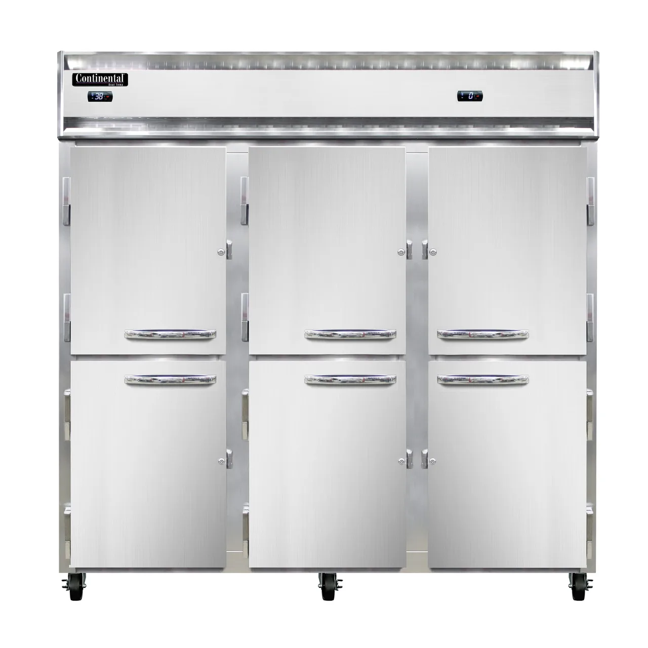 Continental Refrigerator 3RFFNHD 78" 3-Section Reach-In Refrigerator Freezer Combo w/ 6 Half Solid Doors