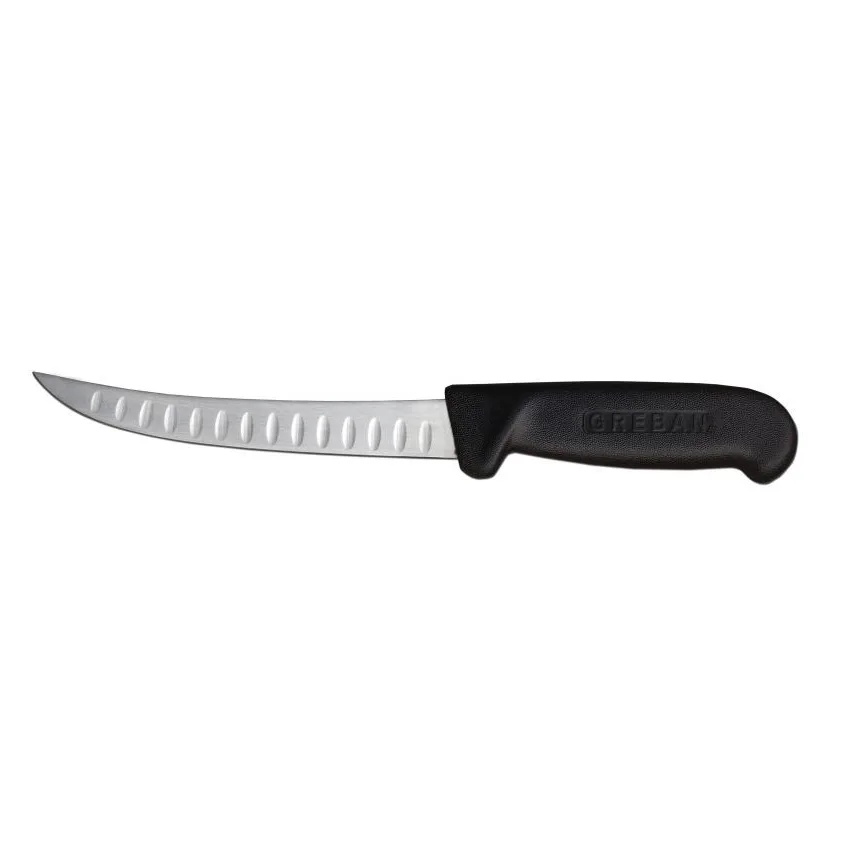 Omcan USA 11819 Boning Knife - 6" Curved Granton Edge Steel Blade Black Plastic Handle Stamped