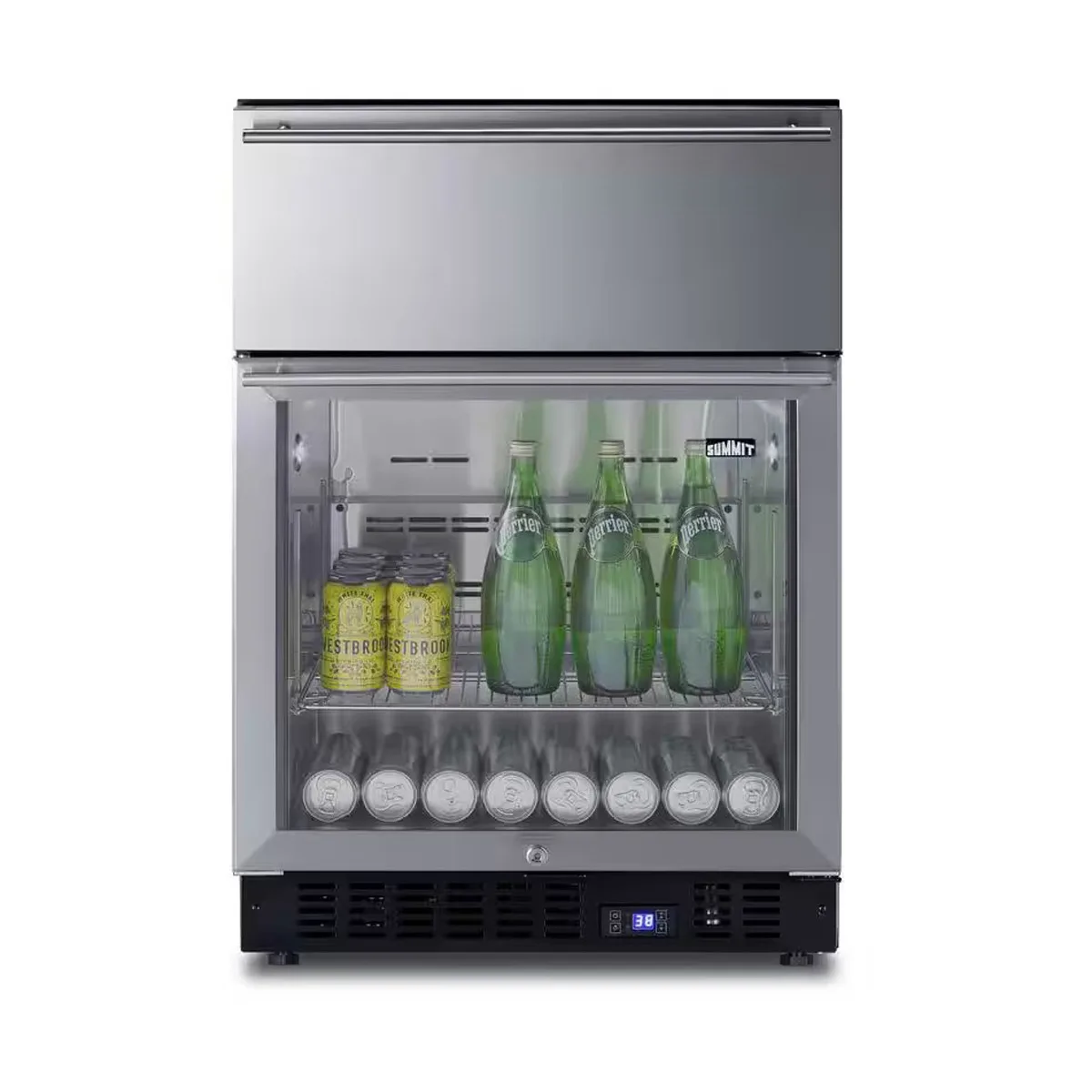 Summit SCR615TD 24" Built-in Glass Door Undercounter Refrigerator in Black, w/ 1 Stainless Steel Drawer, 4.8 cu. ft.