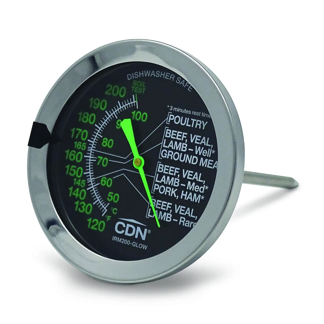 CDN IRM200-GLOW Ovenproof Meat Thermometer, 120-200°F, 2" Glow Dial, 5" Stem, Waterproof
