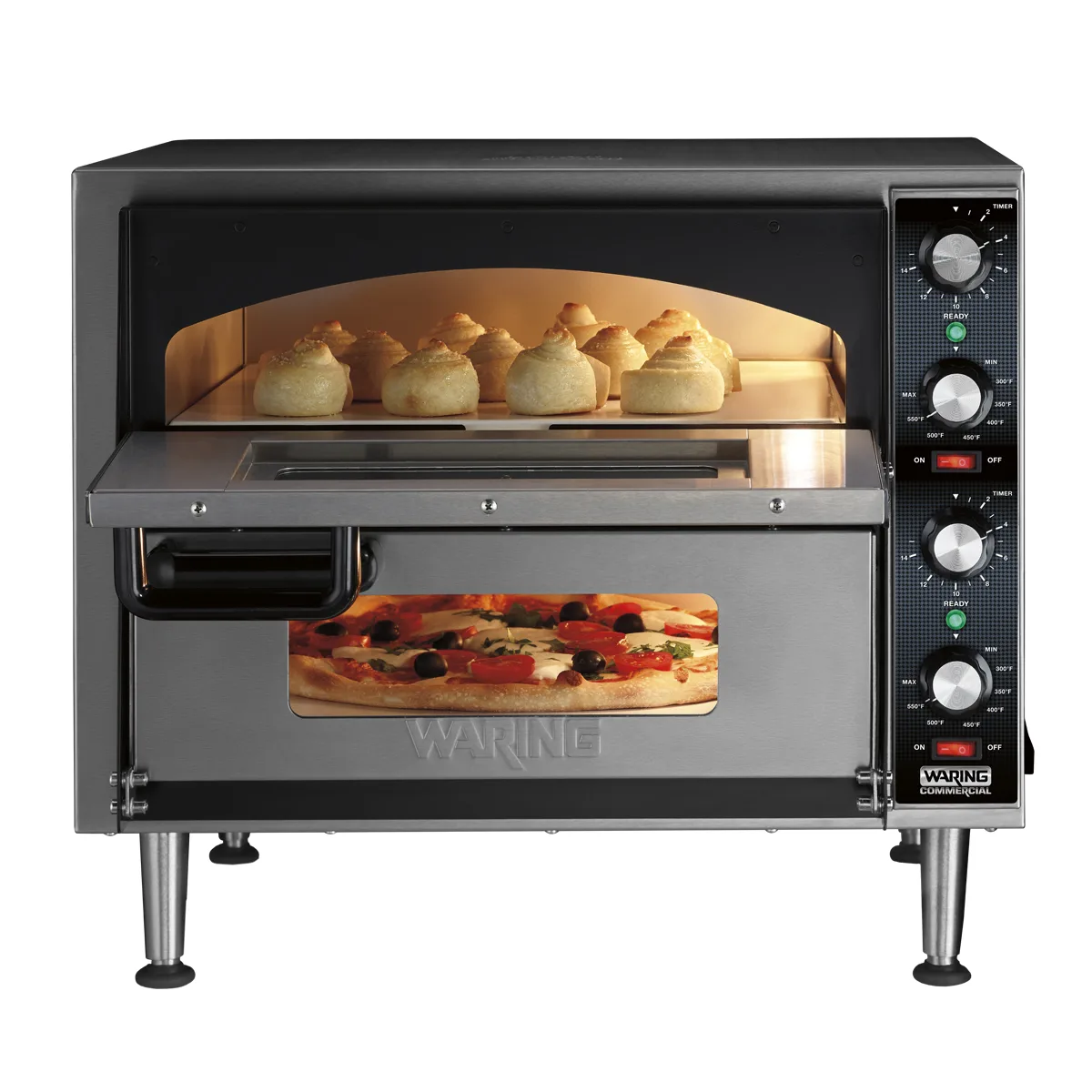 Waring WPO350 25" Electric Countertop Pizza Bake Oven w/ Double Deck, 2 Glass Doors