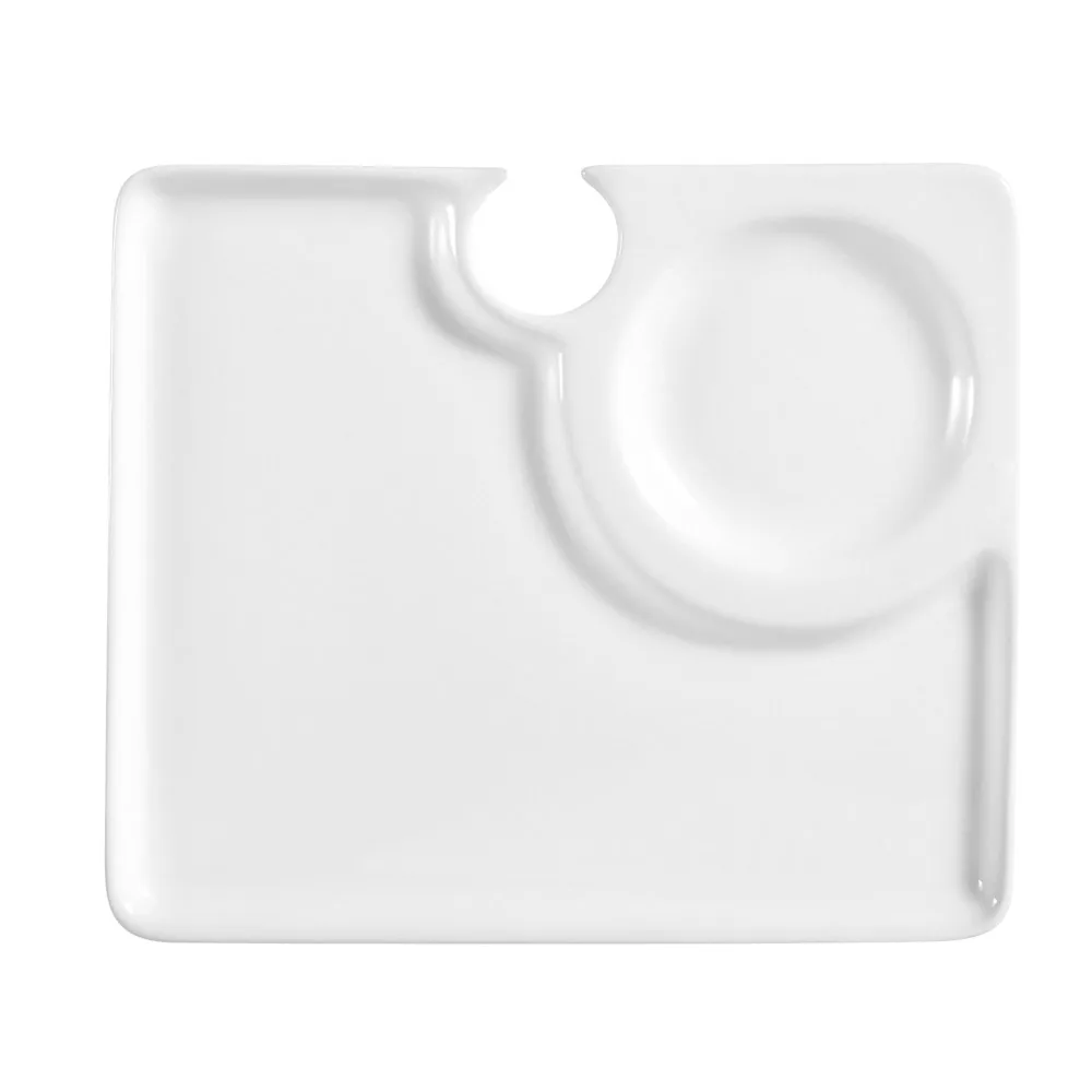 CAC China COL-P2 Plate 9" x 7-3/4" x 3/4" Porcelain with Wine Glass Hole, Sauce Compartment - 1 Dozen