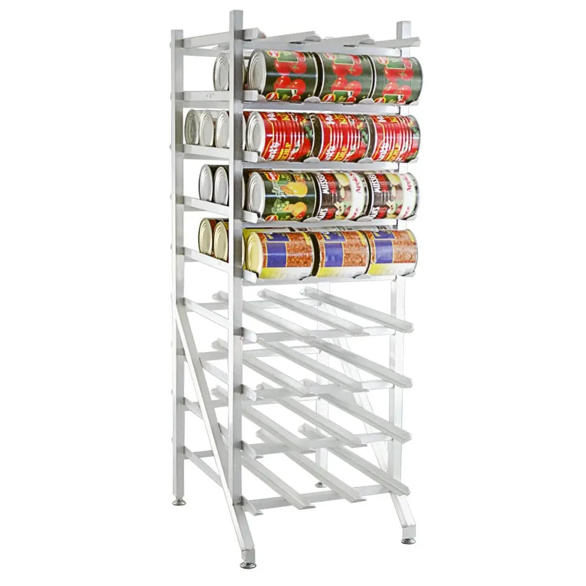 New Age 1250 Aluminum Stationary Can Rack w/ 162 #10 Cans Capacity and Adjustable Feet