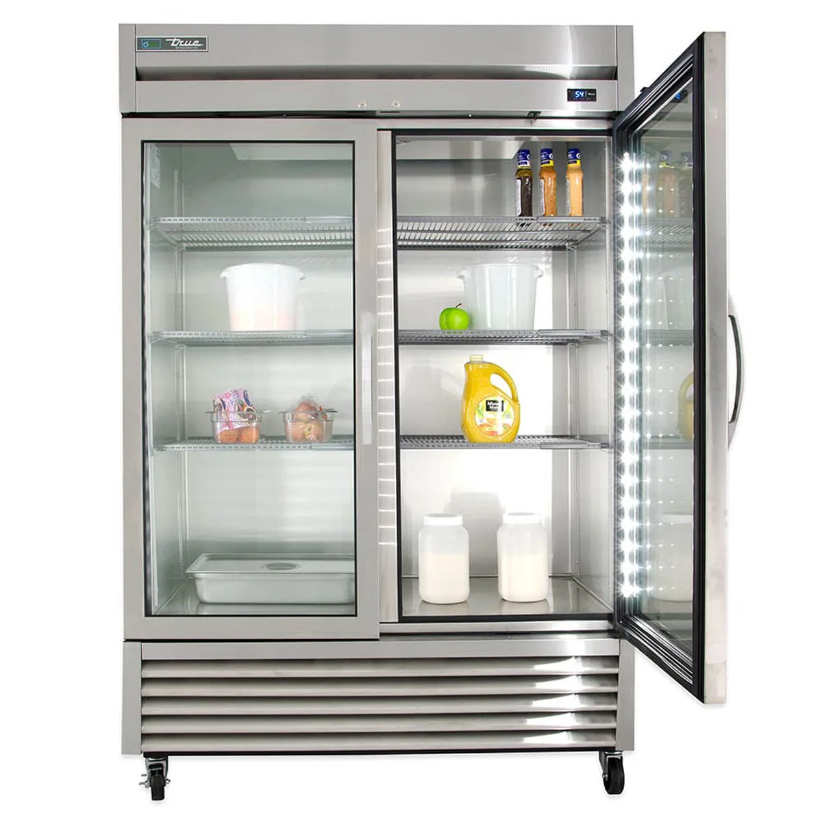 True T-49G-HC~FGD01 54" 2-Section Reach-In Refrigerator w/ 2 Glass Doors, Bottom Mount, Stainless Steel Front-Aluminum Sides