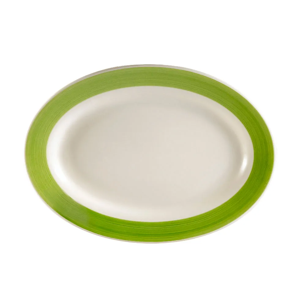 CAC China R-14-G Stoneware Platter, 12½" L x 8⅝" W x 1½" H, Green Oval, Dishwasher Safe - Dozen