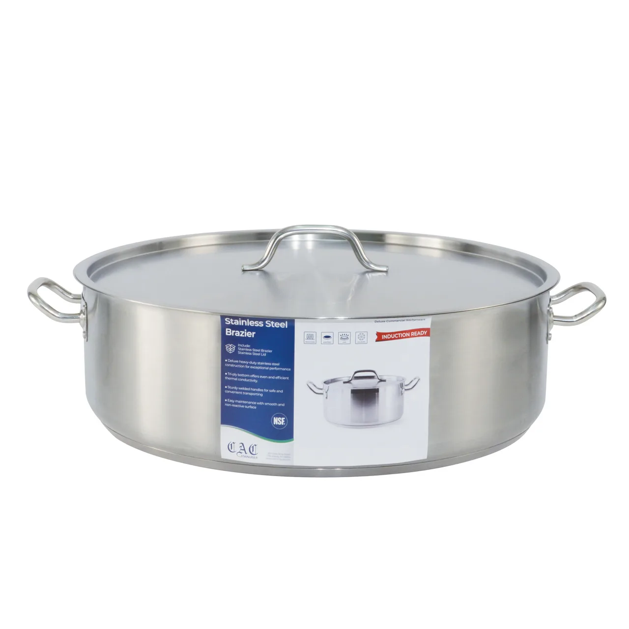 CAC China SSBZ-30 Brazier Pan, 30 Qt., 19-5/8" x 5-7/8", Stainless, Induction, Lid Included - Set
