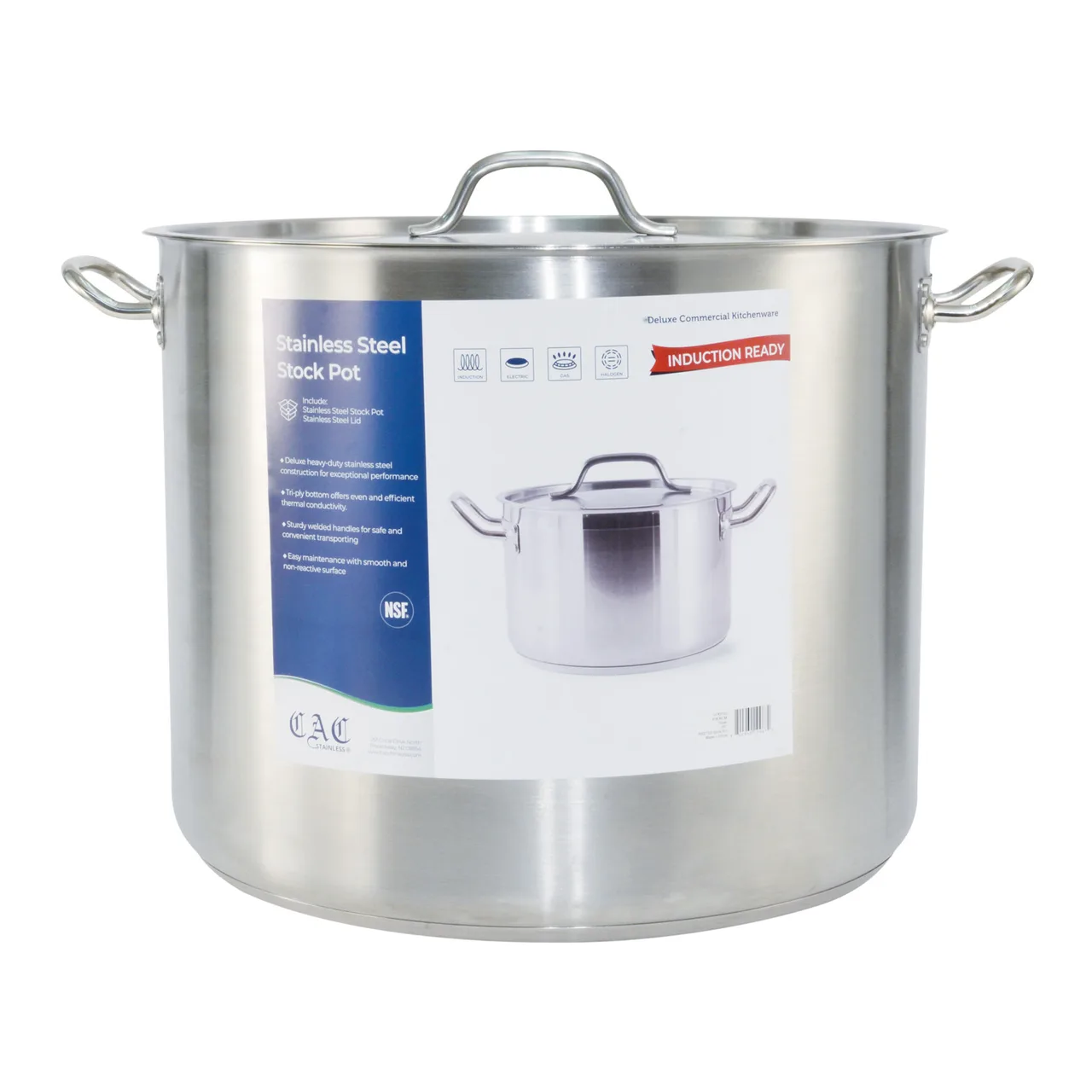 CAC China STKP-60 Stock Pot, 60 Qt. 17-3/4" x 14-1/8" Stainless Steel Lid Tri‑Ply Induction, NSF-Set