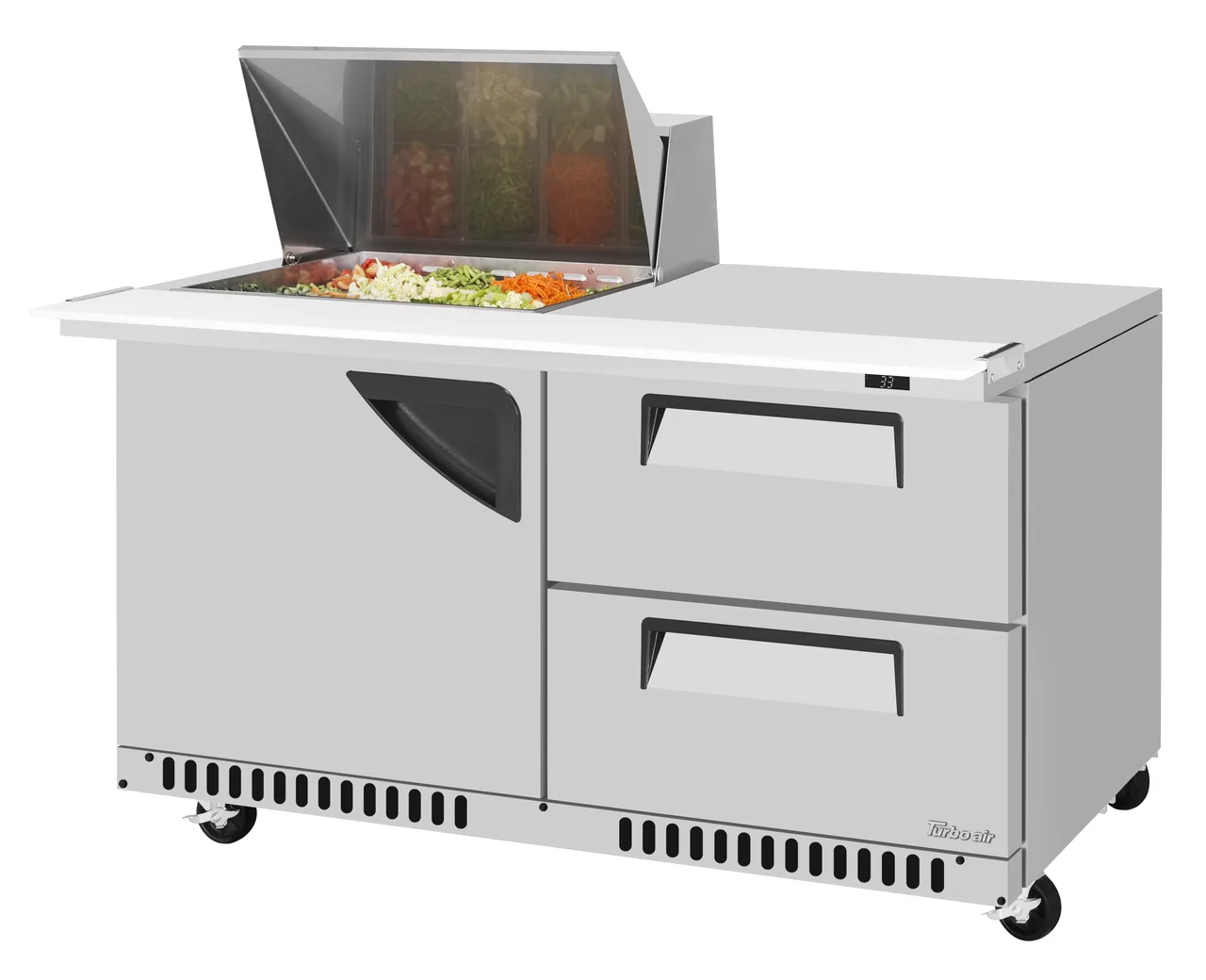 Turbo Air TST-60SD-12M-D2R(L)-FB-N(-LW) 60" 2-Section Mega Top Sandwich Prep Table w/ 2 Drawers, 12 Pans, Stainless Steel