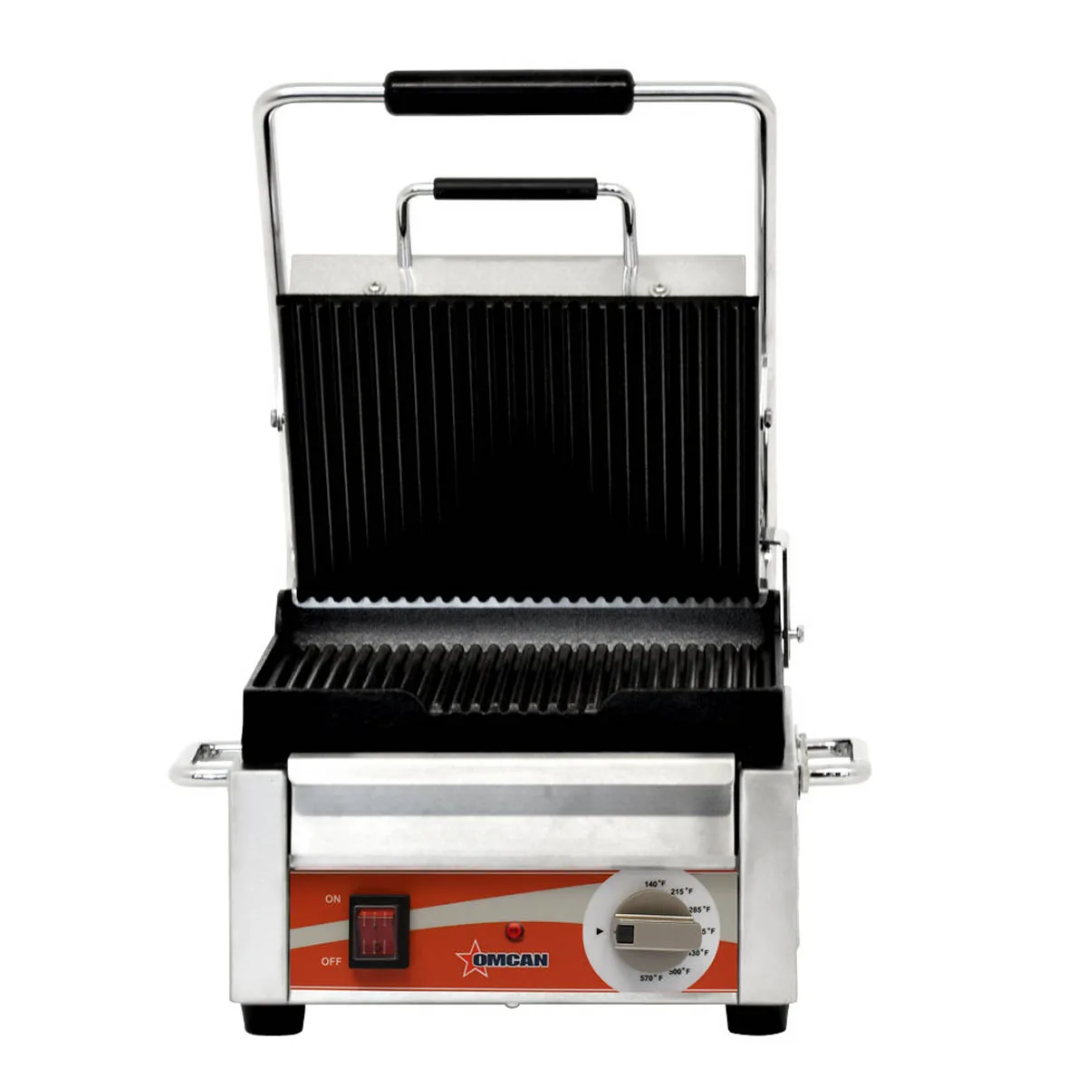 Omcan USA 31461 Single Sandwich Panini Grill w/ 15" x 12" Grooved Plates, 120V
