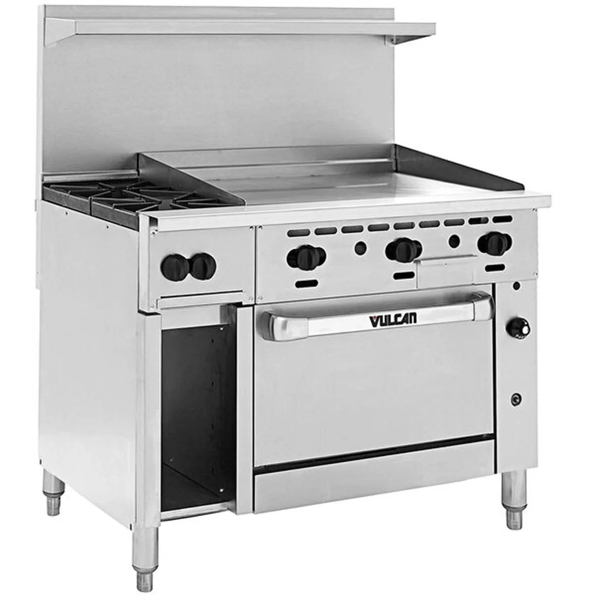 Vulcan 48S-2B36G 48" Gas Restaurant Range w/ (2) Open Burners, 36" Griddle Right, (1) Standard Oven, (1) Cabinet Base, 155.000 BTU
