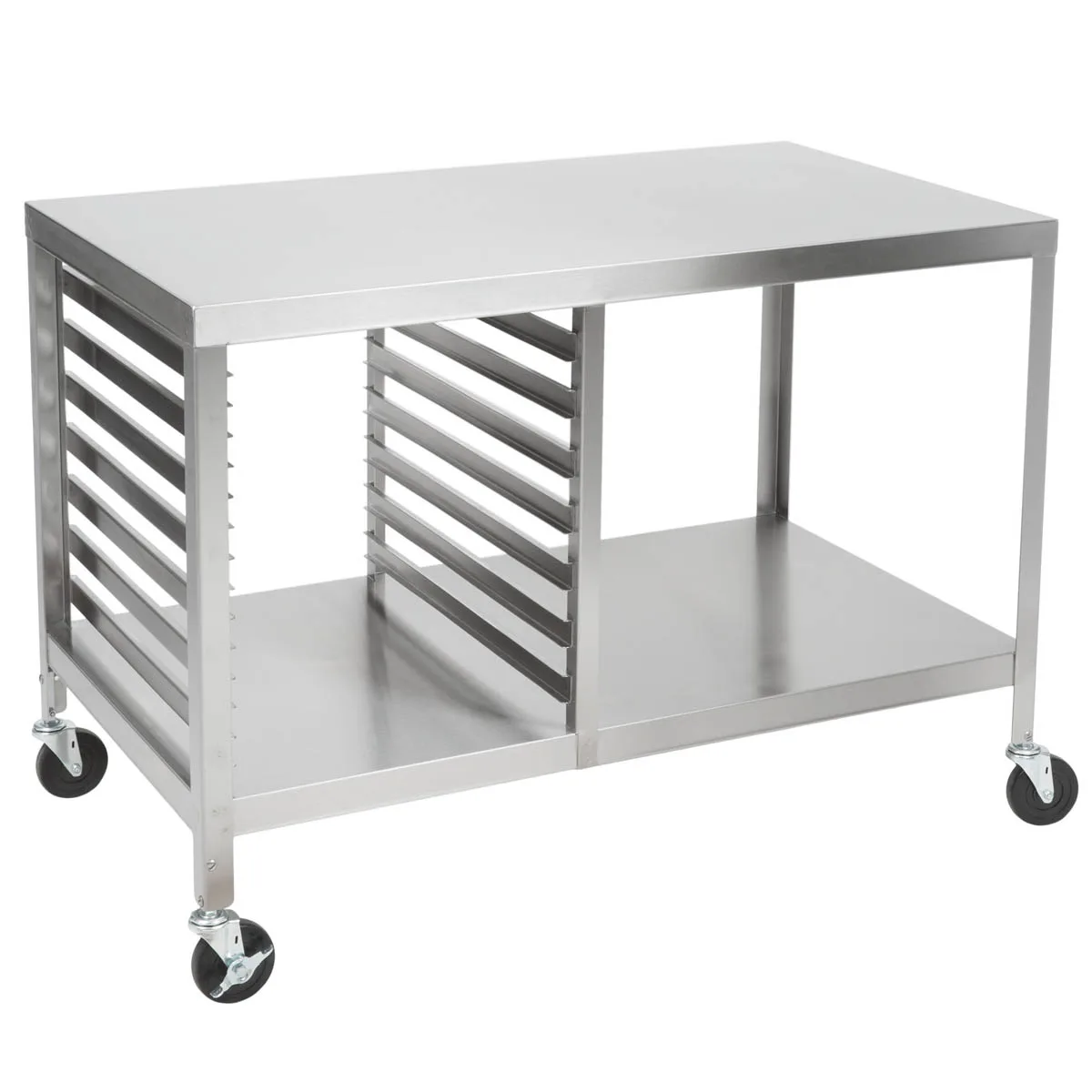 Lakeside 130 Stainless Steel Portable Work Table, 27x48 Top, Channel Ledges for 15 Sheet Pans, 1-1/2 Spacing