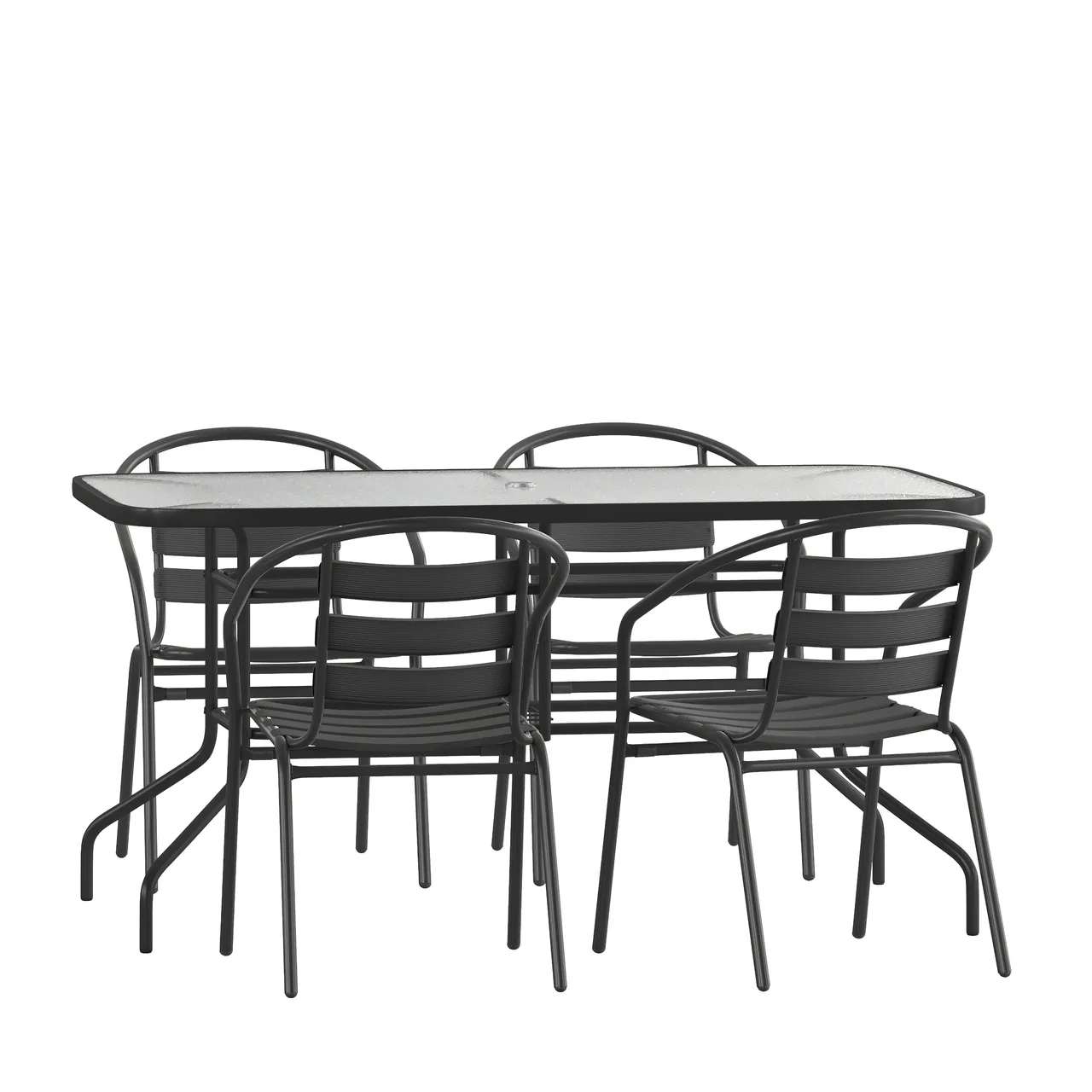 Flash Furniture TLH-089REC-017CBK4-GG 5 Piece Patio Dining Set, 55" Glass Table, 4 Black Aluminum Chairs