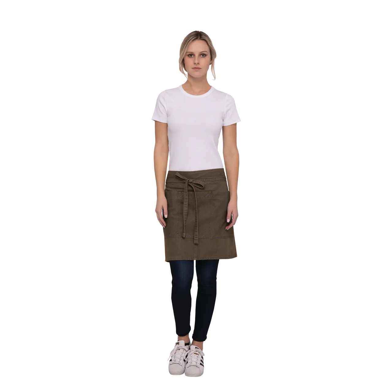 Chef Works AHN01-BTP-0 Waist Apron, 12"L x 23"W Half, 4 Pockets, 75/25 Cotton/Poly Denim, Blue/Taupe