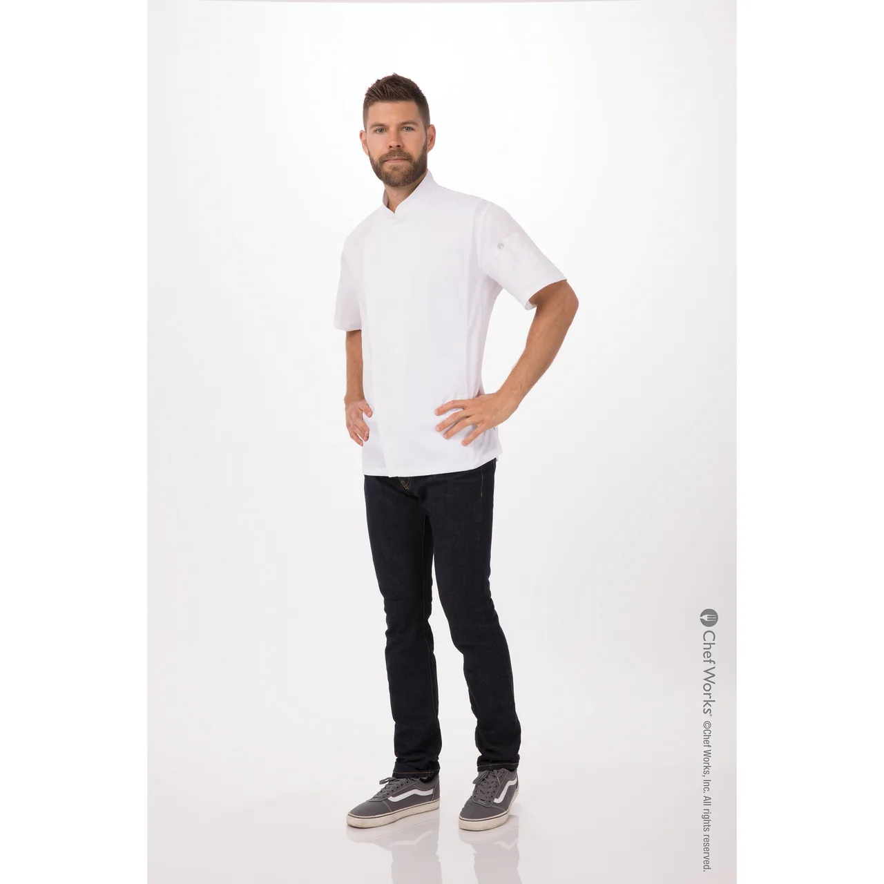 Chef Works BCSZ009-WHT-5XL Short Sleeve Chef Coat, White 5XL Poly/Cotton Twill, Slits, Phone Pocket