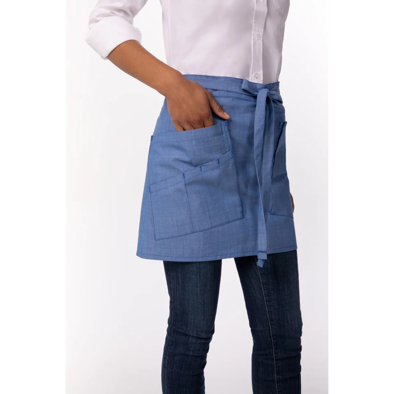 Chef Works AHN06-FRB-0 Waist Apron, French Blue, 16"L x 38"W, Hip Pockets, Poly/Cotton