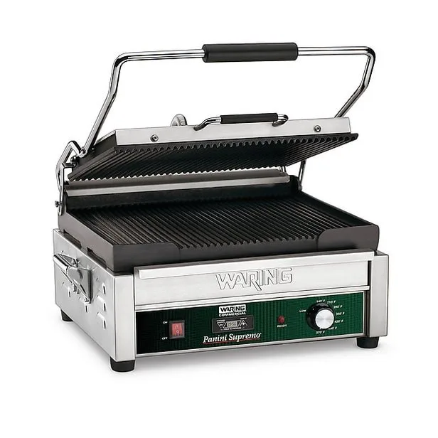 Waring WPG250T Single Cast Iron Panini Grill w/ Timer, 14.5" x 11" Grooved Plates, 120V