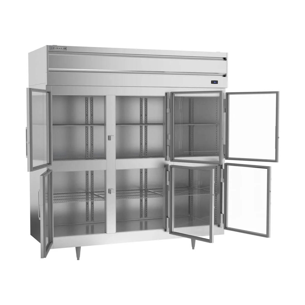 Beverage Air PR3HC-1BHG 77.75'' 3-Section Reach-In Refrigerator w/ 6 Glass Half Doors, Top Mounted, Aluminum Interior, 68 cu. ft.