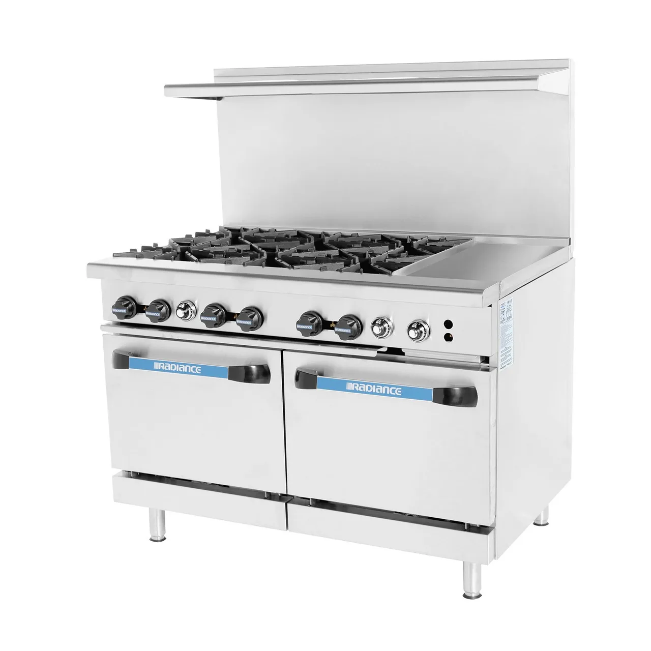 Turbo Air TARG-6B12G 48" Gas Restaurant Range w/ (6) Open Burners, 12" Griddle Right, (2) Standard Oven, 284.000 BTU