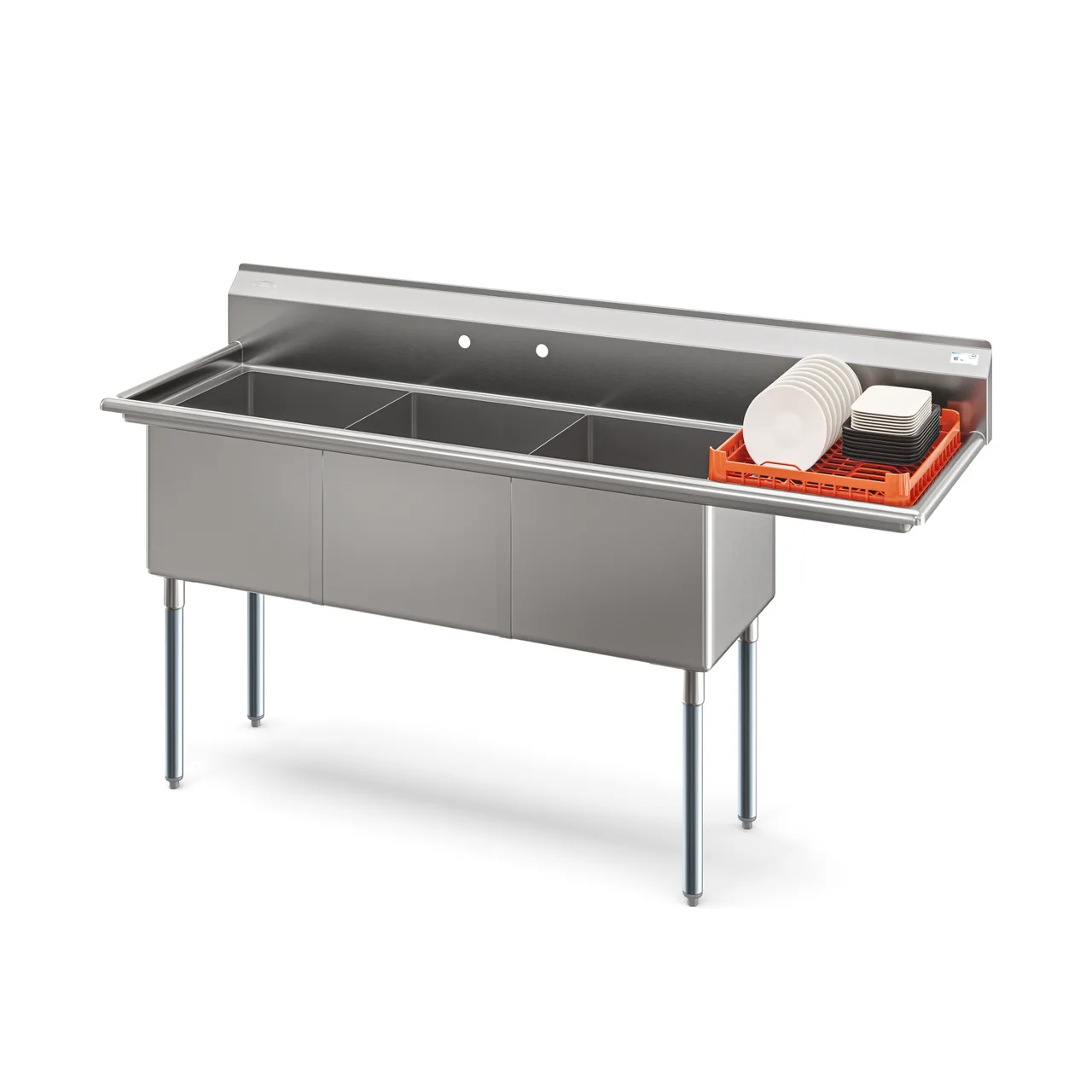 Koolmore KM-SC181814-18R3 75" Three Compartment Sink, 18"Wx18"L Bowl With Right-Hand Drainboard
