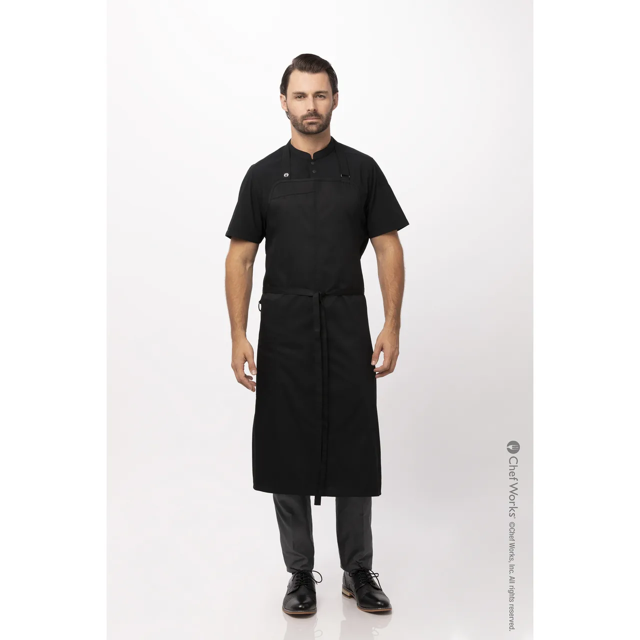 Chef Works ACN01-BLK-0 Bib Apron, 40"L x 43"W, Elastic Neck Strap, Pocket, Black 65/35 Poly/Cotton