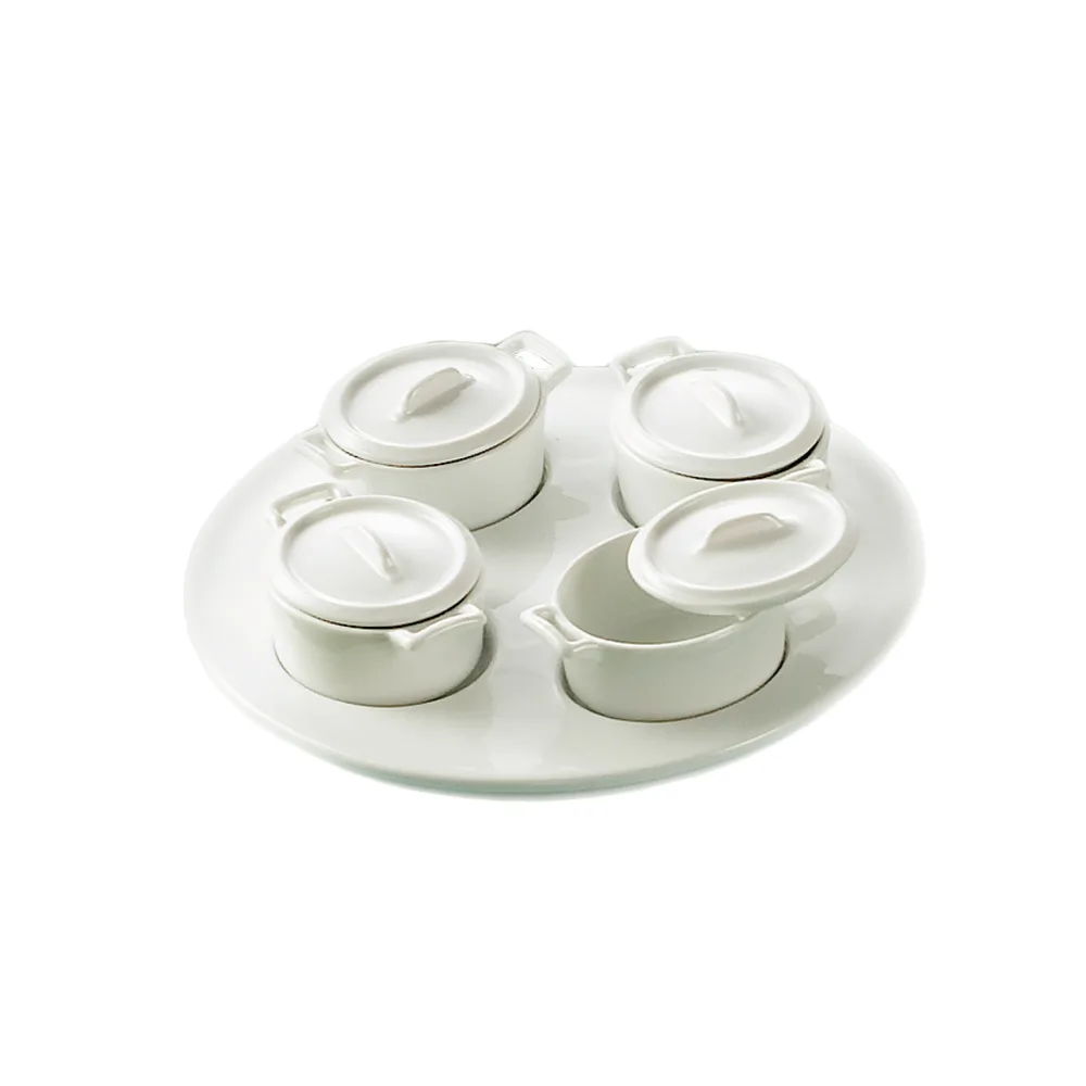 CAC China PT-B4 Condiment Caddy Set, Four 2" Jars with Lids, One 8¼" Tray, Dishwasher Safe - Set