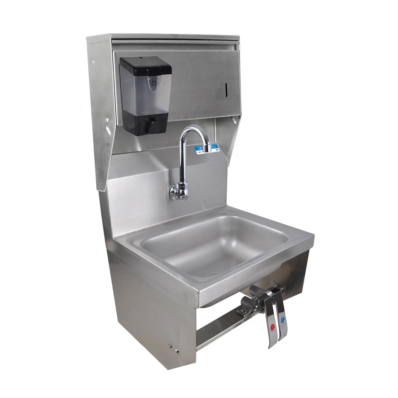 BK Resources BKHS-W-1410-1-4DTDPG 14" Wall Mounted Hand Sink with Faucet, Knee Valves & Dispensers