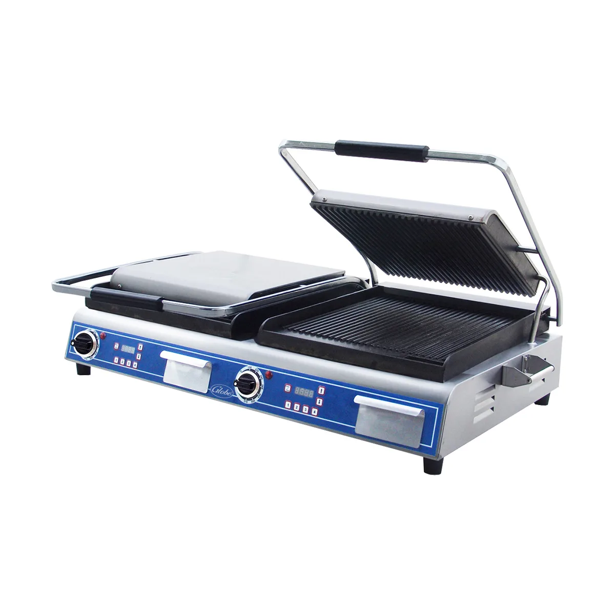 Globe GPGDUE14D 40" Double Sandwich Panini Grill w/ Timer, 14" x 10" Grooved Plates, 208/240V
