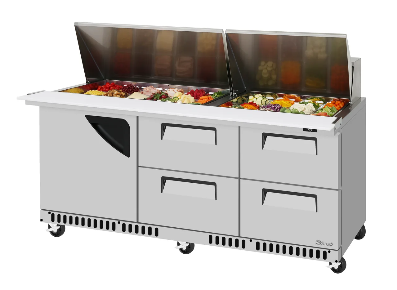 Turbo Air TST-72SD-30-D4R(L)-FB-N 72" Mega Top Sandwich and Salad Prep Table w/ 1 Door & 4 Drawers, 30 Pans