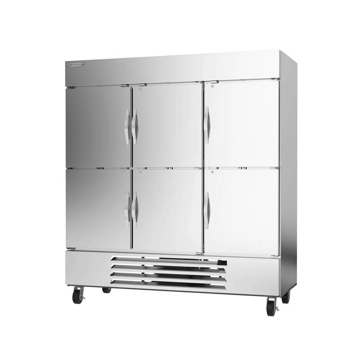 Beverage Air HBF72HC-5-HS 75" 3-Section Reach-In Freezer, 6 Half Solid Doors, Bottom Mount, 68.43 cu. ft., Stainless Steel