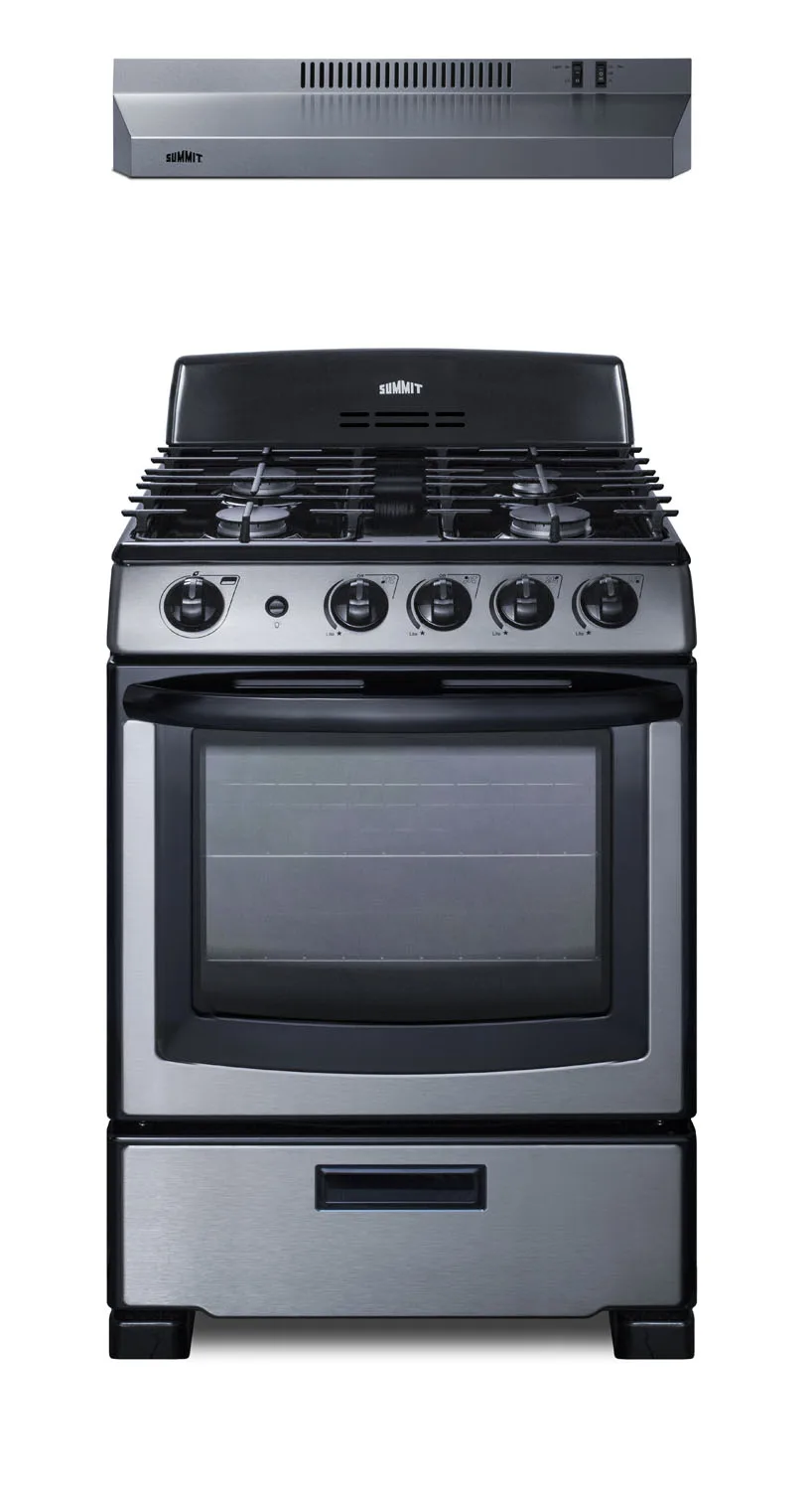 Summit RGH24RSS Gas Range & Convertible Hood Set, Natural Gas, 24"W