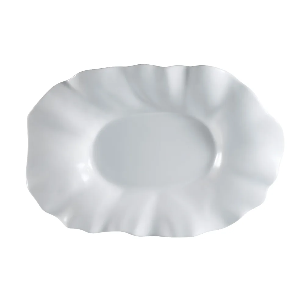 CAC China MX-W25 Porcelain Oblong Platter, 26" L x 17" W x 3-1/2" H, White, Scallop Edge, Wide Rim