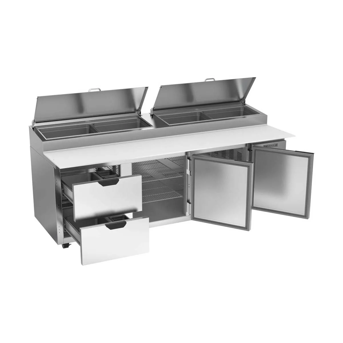 Beverage Air DPD93HC-2 93" 3-Section Refrigerated Pizza Prep Table w/ 2 Doors & 2 Drawers