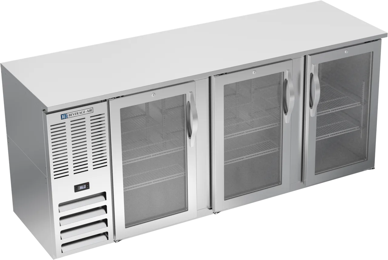 Beverage Air BBN78HC-FG-S Cooler, 78"W x 26-3/8"D x 34"H, 21.7ft³, 3 Glass Doors, R290, 1/3 HP 115V
