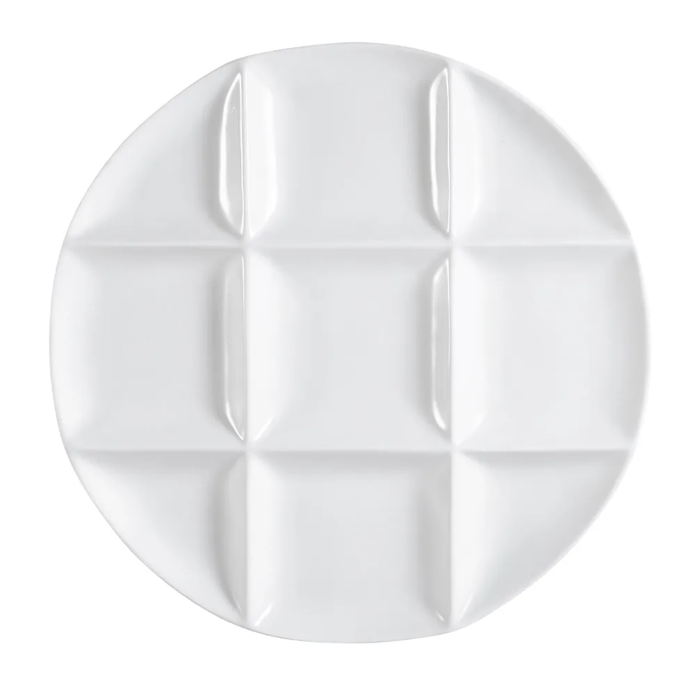 CAC China CMP-R12 12" Dia. x 1" H Round 9-Compartment Porcelain Super White Tray - 1 Dozen