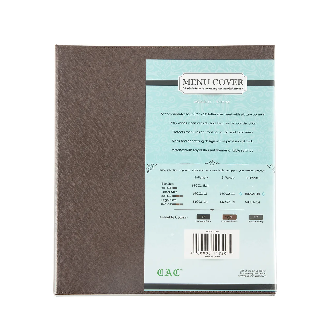 CAC China MCC4-11BN Menu Cover - 4-Panel Letter Size 8-1/2" x 11" Faux Leather Brown Booklet Style