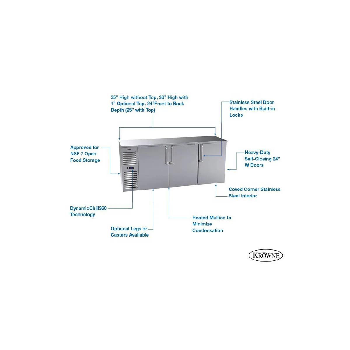 Krowne BS84 84" 3 Section Back Bar Cooler with Solid Door
