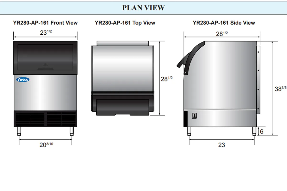 Atosa USA YR280-AP-161 24“ Air Cooled Half Cube 283 lb Undercounter Ice Machine with 88 lb Bin