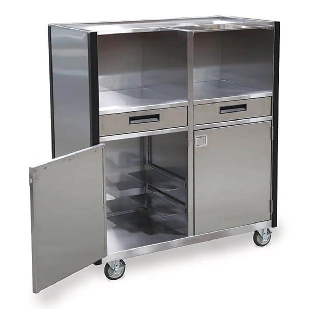 Lakeside 4605 Mobile Waitress Station, 48"W x 23"D x 55"H, Stainless Steel, Adjustable Shelves, Utility Drawers