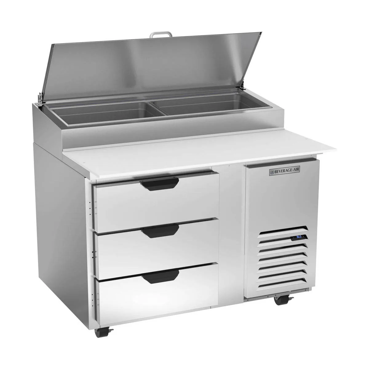 Beverage Air DPD46HC-3 46" 1-Section Refrigerated Pizza Prep Table w/ 3 Drawers, 12 cu. ft.