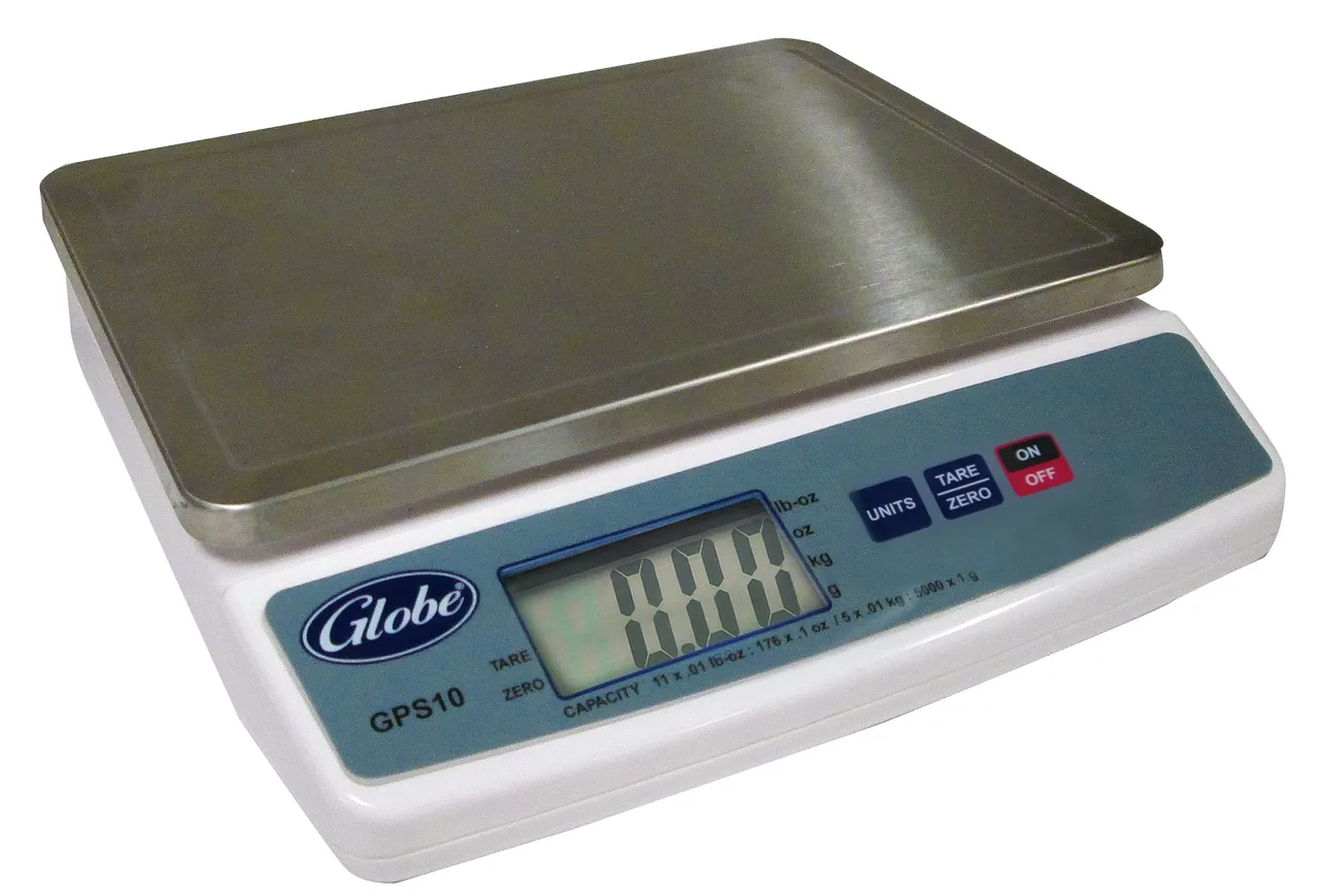 Globe GPS10-4 Portion Control Scale – 11 lb, 0.1 lb/0.1 oz, 9”x7” Stainless Platter, Battery/AC 115V