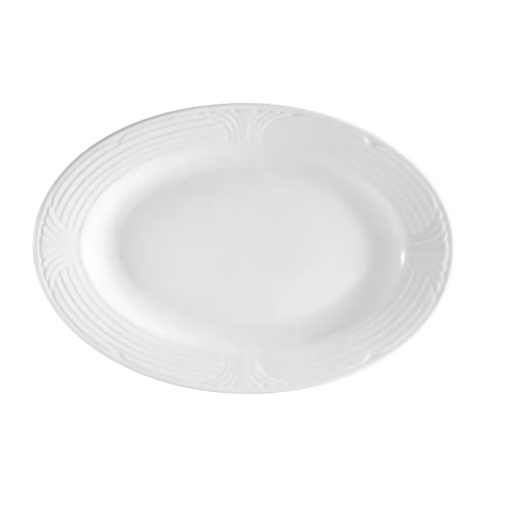 CAC China CRO-13 Platter 11-3/4" L x 7-3/4" W x 1" H Oval Porcelain White Embossed Rim - Dozen