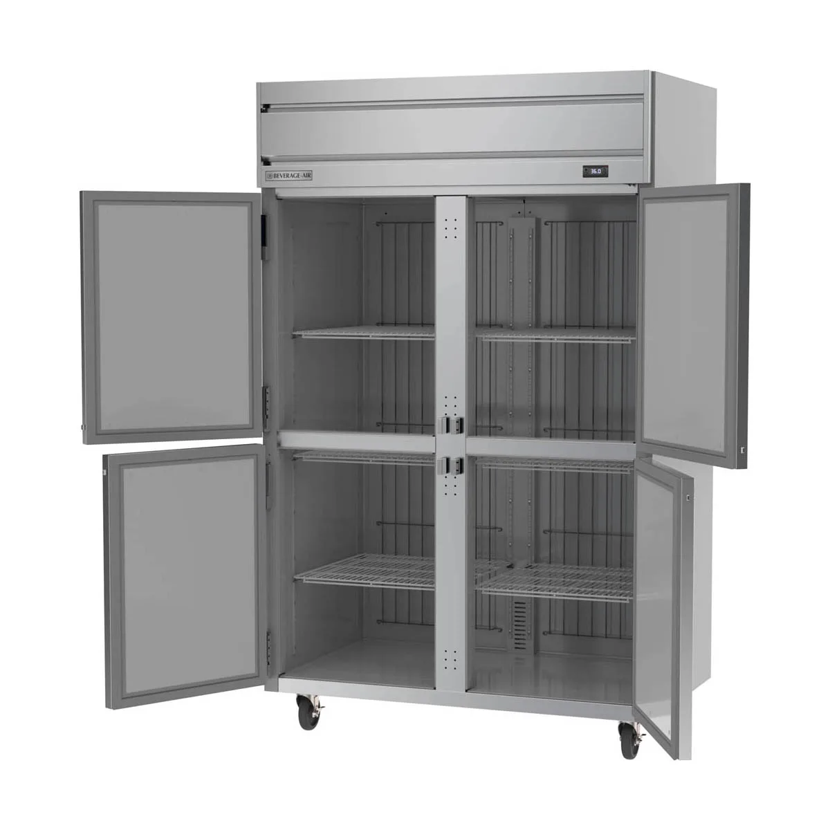 Beverage Air HR2HC-1HS 52" 2-Section Reach-In Refrigerator w/ 4 Solid Half Doors, Top Mounted, 1/3 hp, 47 cu. ft.