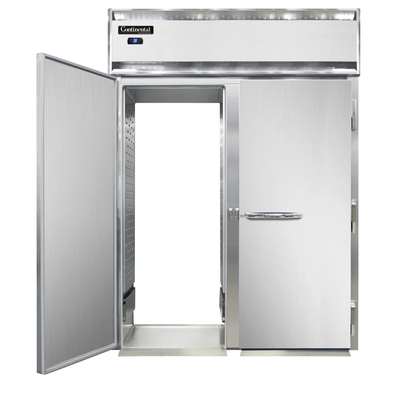 Continental Refrigerator D2RINRT 68" 2-Section Roll-Thru Refrigerator w/ 4 Solid Doors, Stainless Steel Front Aluminum Ends