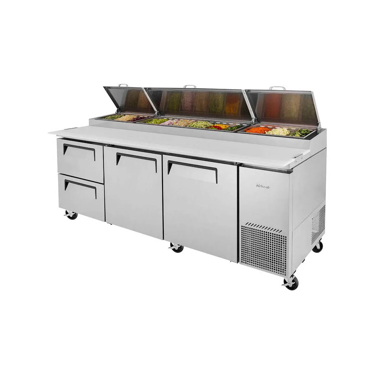 Turbo Air TPR-93SD-D2-N 93" Refrigerated Pizza Prep Table w/ 3 Doors, 12 Condiment Pans